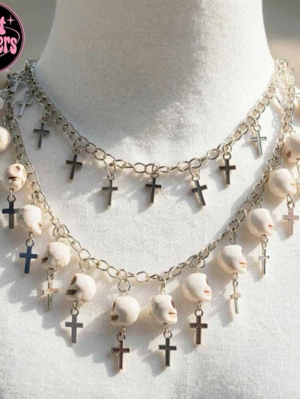 Y2K 2000s style White and silver skull cross necklace